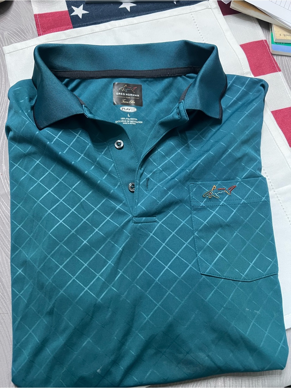 Greg Norman for Tasso Elba Play Dry Polo Shirt Mens Large Teal Geometric Golf L